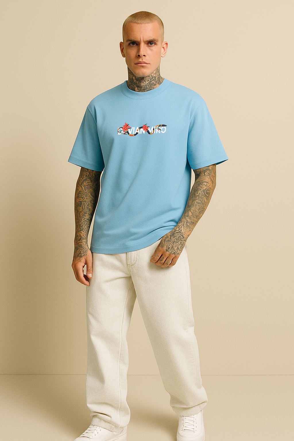 Floral Serpent Graphic Oversized T-Shirt – Pastel Blu