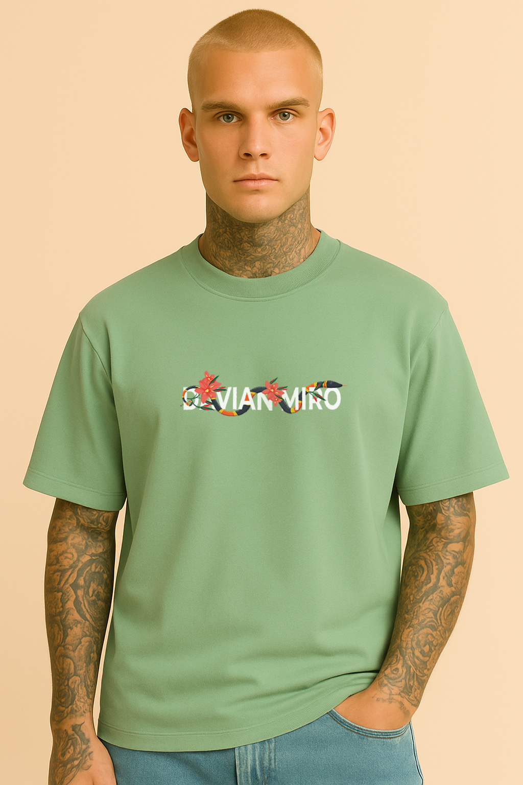 Floral Serpent Graphic Oversized T-Shirt – Sage Green
