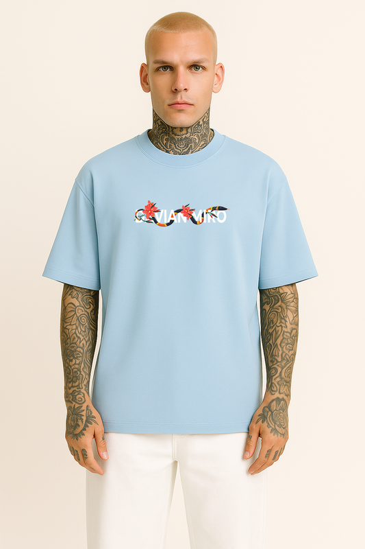 Floral Serpent Graphic Oversized T-Shirt – Pastel Blu